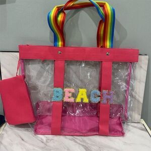 Large Clear Beach Tote Bag w/ Chenille Letter Patch & Coin Pouch - Summer Casual